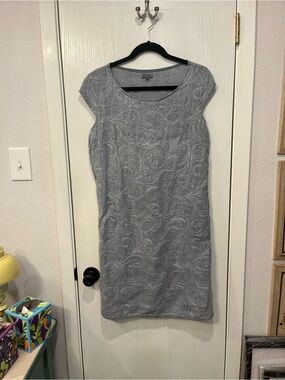Lina Tomei Dress Made In Italy Gray-Blue Linen Embroidered Scroll Shift Large